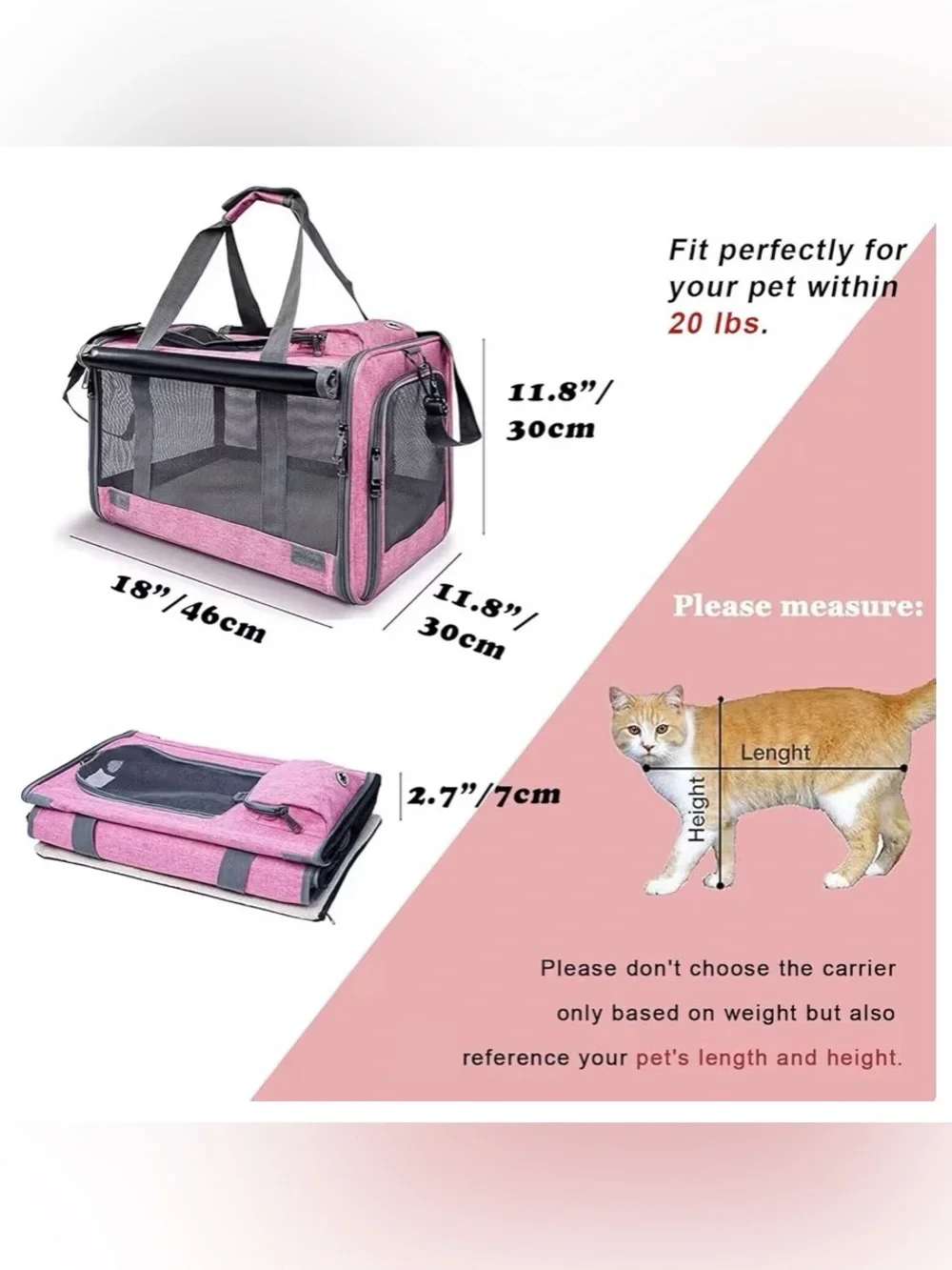 💕 NIB Pink Soft-Sided Cat or Small Dog Pet Carrier with Mesh Panels